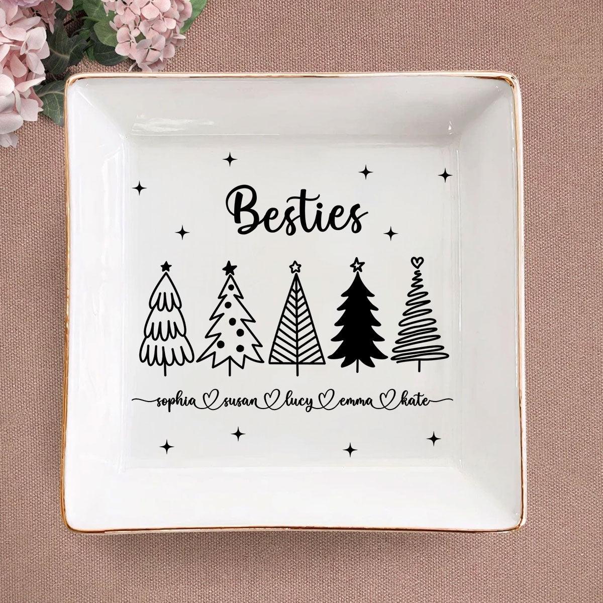 Christmas Trees Outline Besties Sisters Personalized Jewelry Dish, Bridesmaid Gift, Best Friend Flower Ring Dish, Gift for Bestie, Christmas Gifts