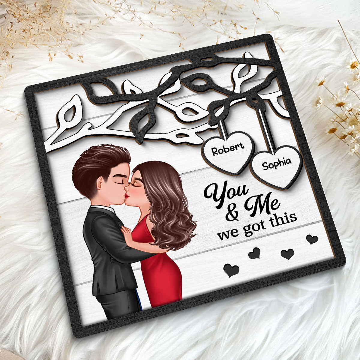 Couple Kissing Under Tree Pretty Elegant Couple Personalized 2-Layer Wooden Plaque