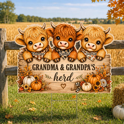 Cozy Warm Fall Season Grandpa Grandma's Herd Highland Cows - Personalized Yard Sign - Fall Decor For Grandparents