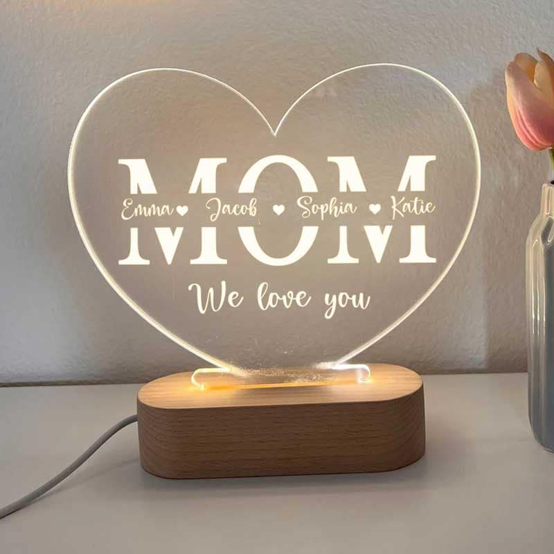 We Love You Mom Children Names Personalized Heart Plaque With LED Night Light - Acrylic LED Lamp - Mother‘s Day Gift, Birthday Gift For Mom