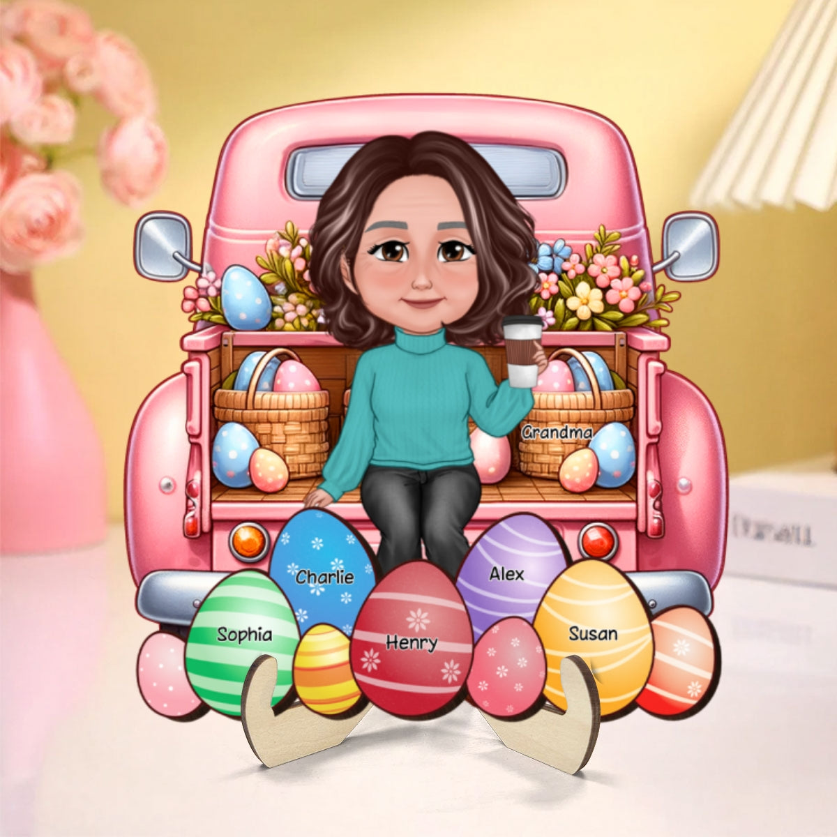 Easter Mom Grandma Sitting On Truck Eggs Grandkids Names Personalized 2-Layer Wooden Plaque
