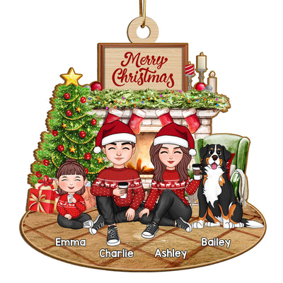 Cute Family Dad Mom Kids Dogs Cats Sitting At Fireplace - Personalized Ornament