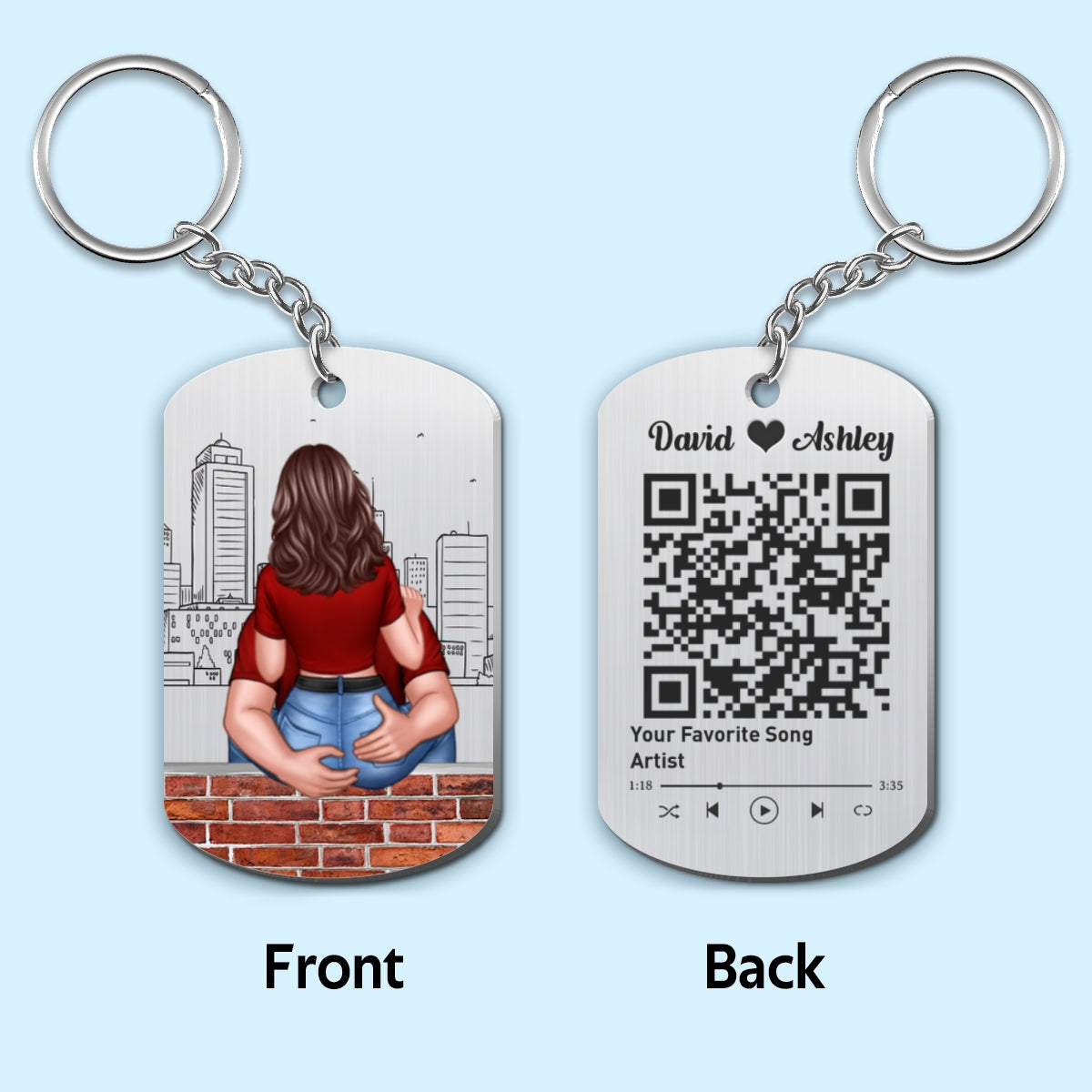 Man Holding Woman Back View Favorite Song QR Code Personalized Metal Keychain