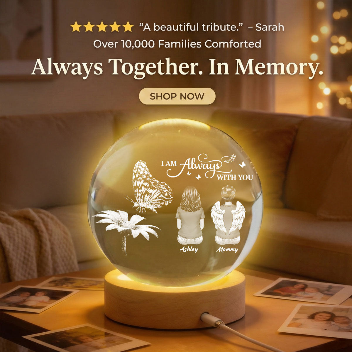 Always With You Family Back View Butterfly On Daisy - Personalized Crystal Ball LED Night Light - Memorial Remembrance Keepsake