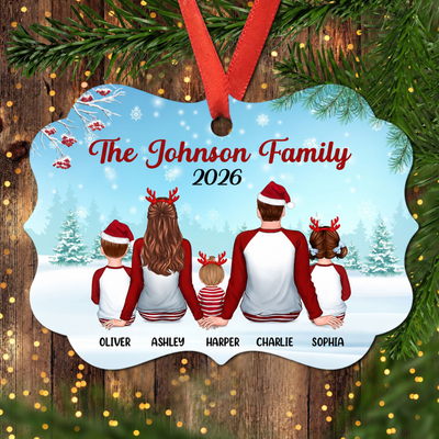 Family In Snow Back View Personalized Christmas Aluminium Ornament