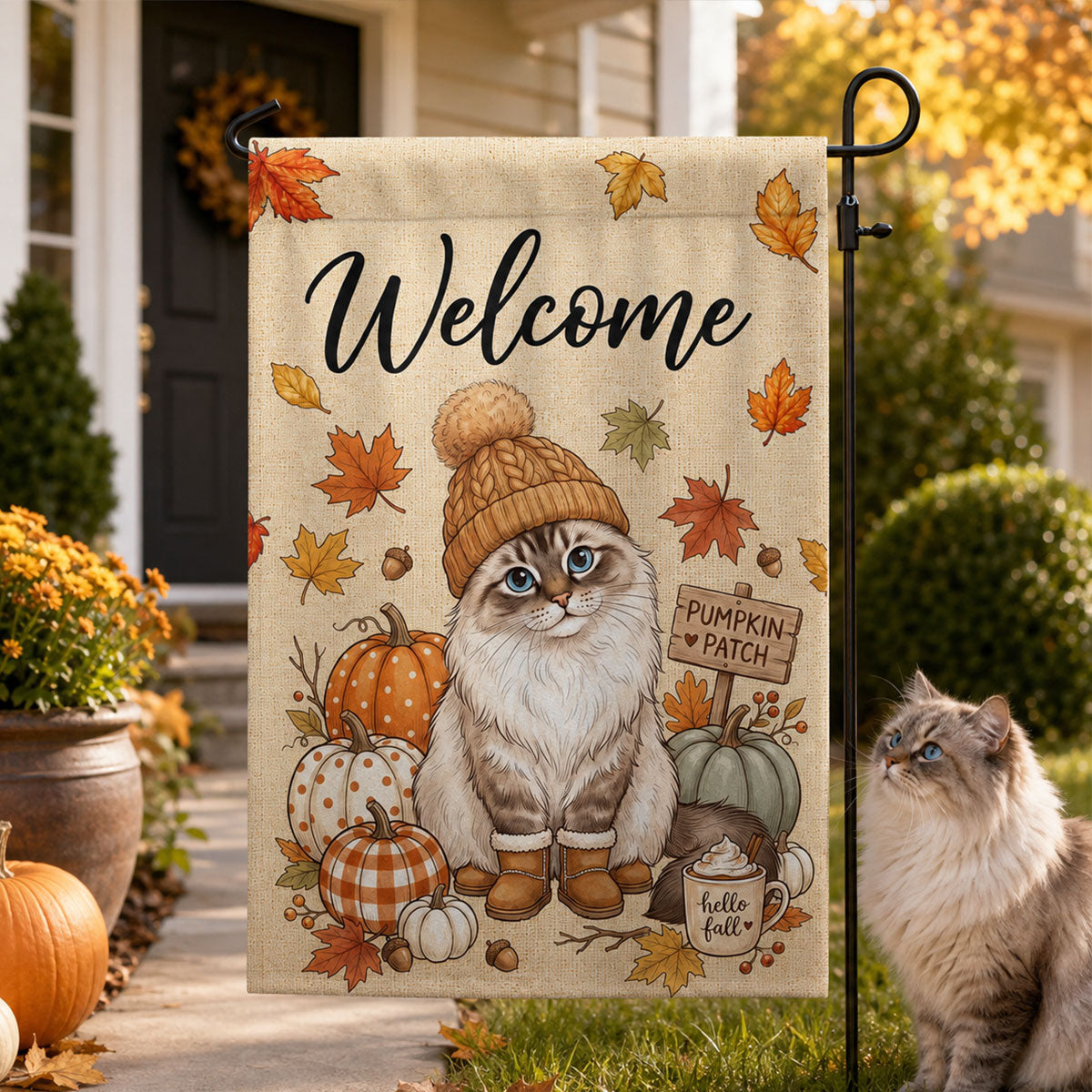 Hello Fall Custom Dog Cat Pet Portrait from Photo - Personalized Garden Flag - Cozy Fall Decor for Pet Lovers