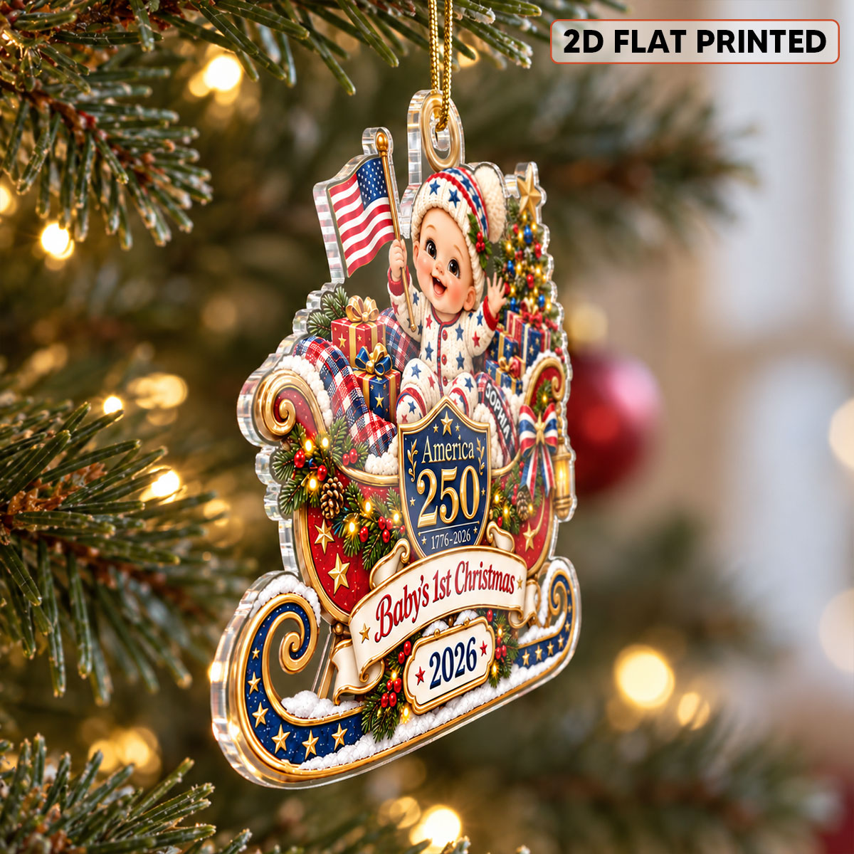 Baby On Sleigh Baby's First Christmas 2D Flat - Personalized Acrylic Ornament - 250th America 1776 - 2026 Anniversary, Patriotic Christmas Decor, Gifts for New Parents
