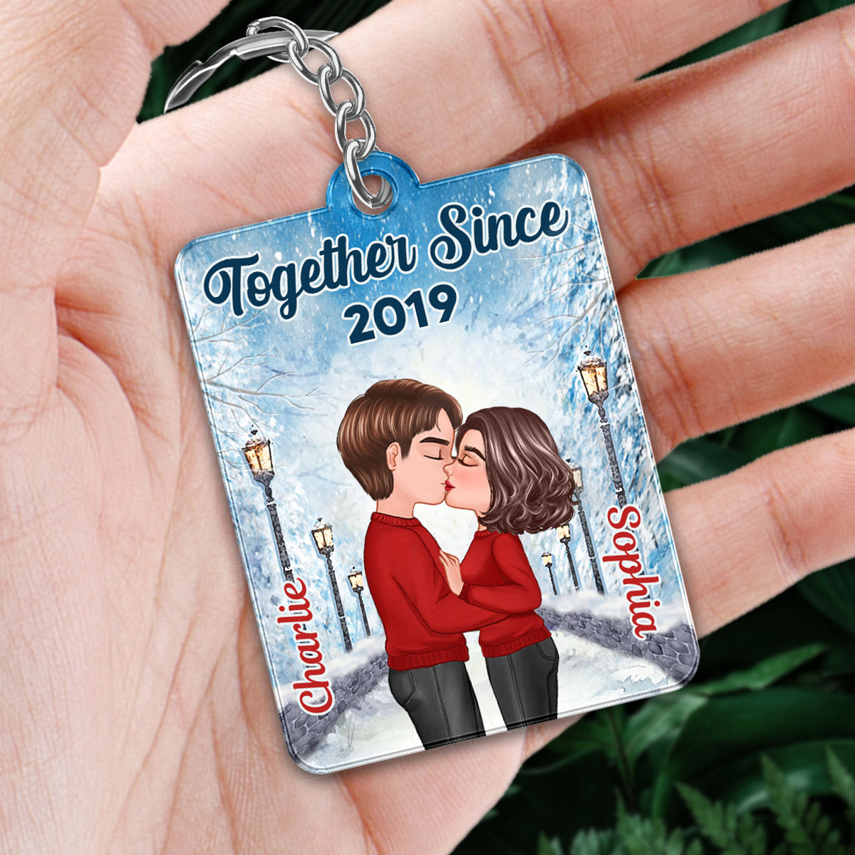 Doll Couple Kissing Winter Lamp Post Road Favorite Song QR Code Personalized Acrylic Keychain