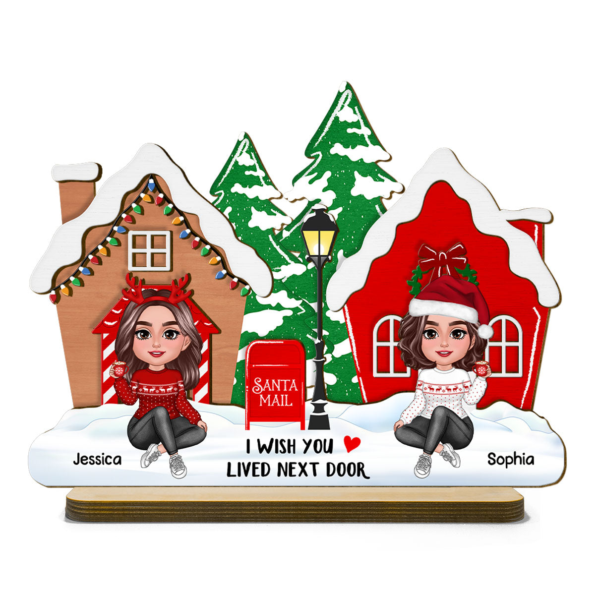 Wish You Lived Next Door Personalized 2-Layer Wooden Standing Plaque, Christmas Tiered Tray Decor