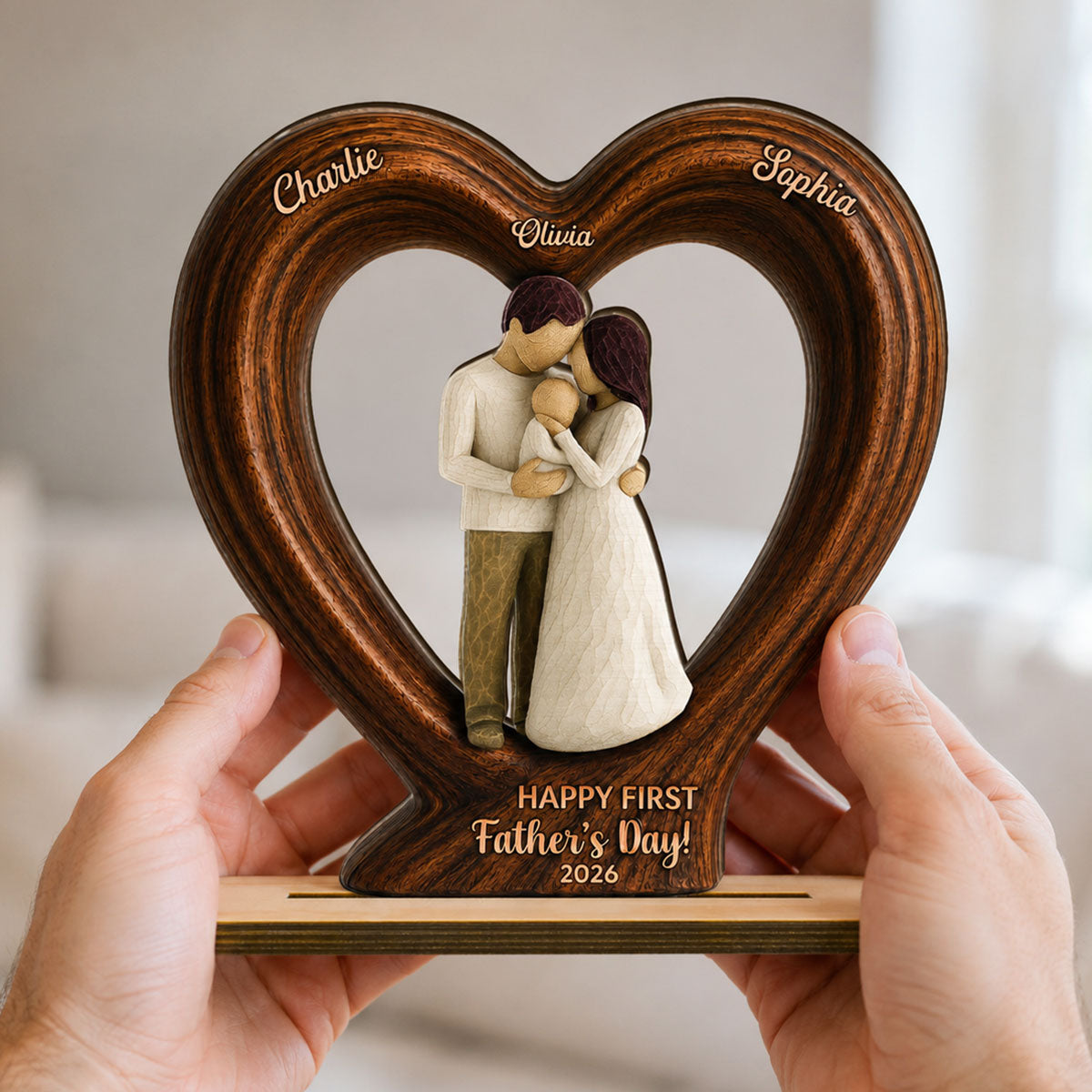 Happy First  Dad From Mom And Baby 2D Flat Heart - Personalized 2-Layered Wooden Plaque - Heartfelt  Gift For Husband, New Dad
