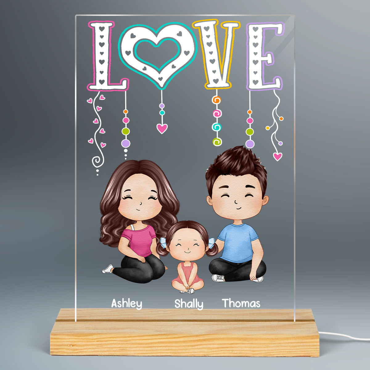 LOVE Happy Doll Whole Family Watercolor Style Couple Dad Mom Kids Dogs Cats Sitting Personalized Rectangle Acrylic Plaque LED Night Light