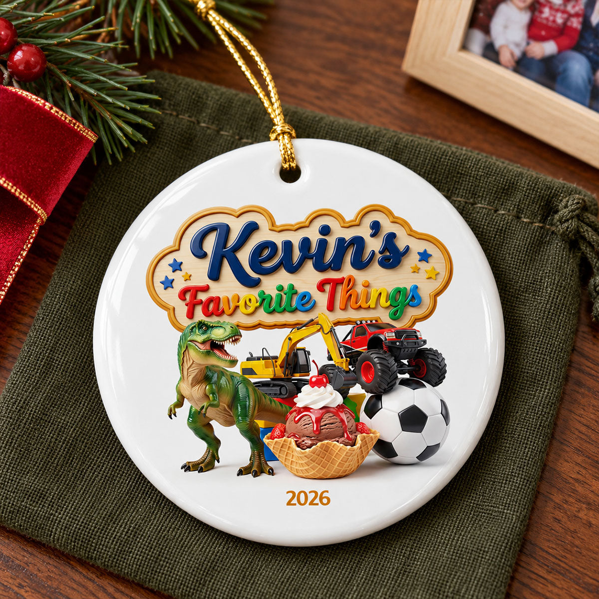 Kid's Favorite Things 2D Flat Printed - Personalized Ceramic Ornament - Custom Name & Favorite Things Keepsake Gift for Kids