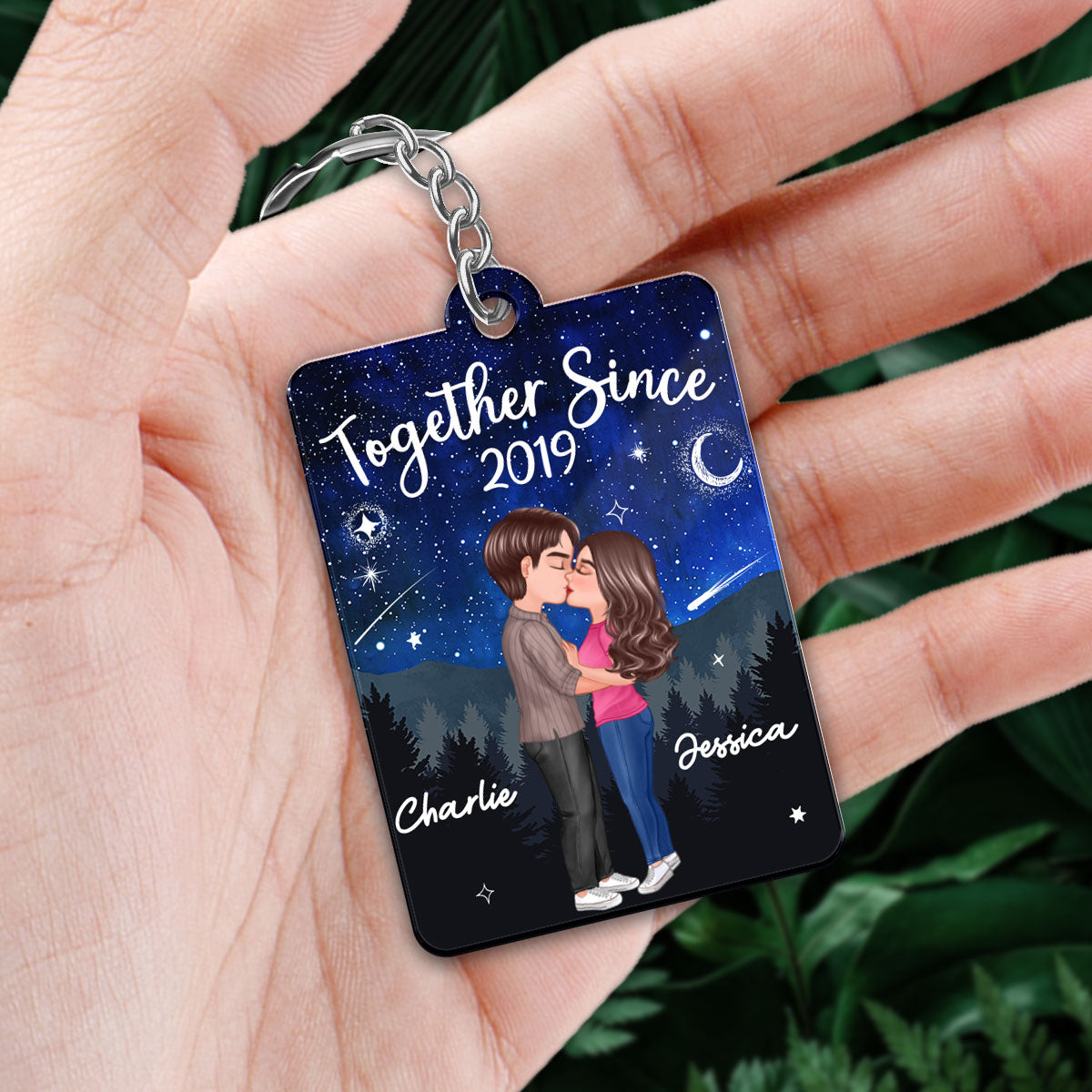 Doll Couple Kissing In Galaxy Night Favorite Song Scannable QR Code Personalized Acrylic Keychain