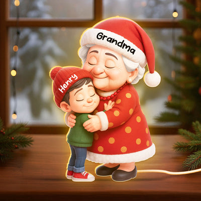 Cute Cartoon Grandma Hugging Grandkid - Personalized Light Box - Christmas Decor, Christmas Gift for Grandma
