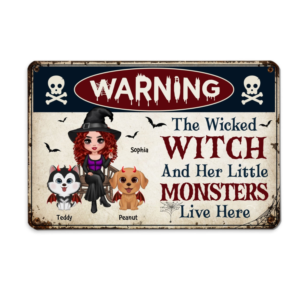 Warning Doll Wicked Witch And Little Monsters Watercolor Cute Dogs Live Here Personalized Metal Sign