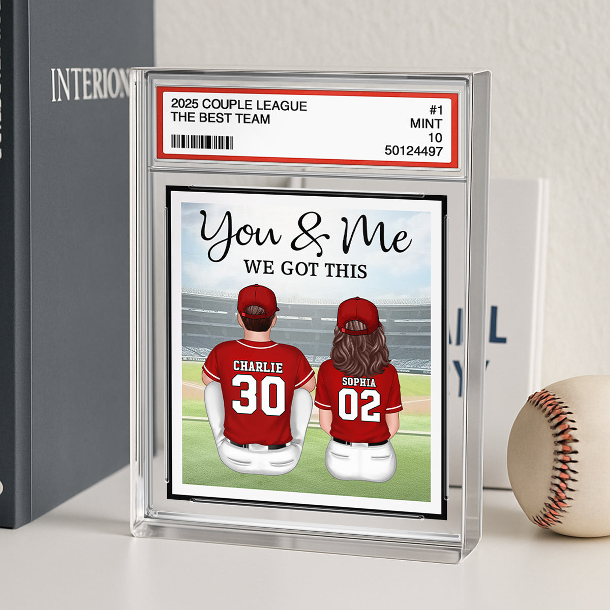 Baseball Couple Sitting Back View Trading Card Style Personalized Acrylic Block Plaque, Gift For Him, Gift For Her