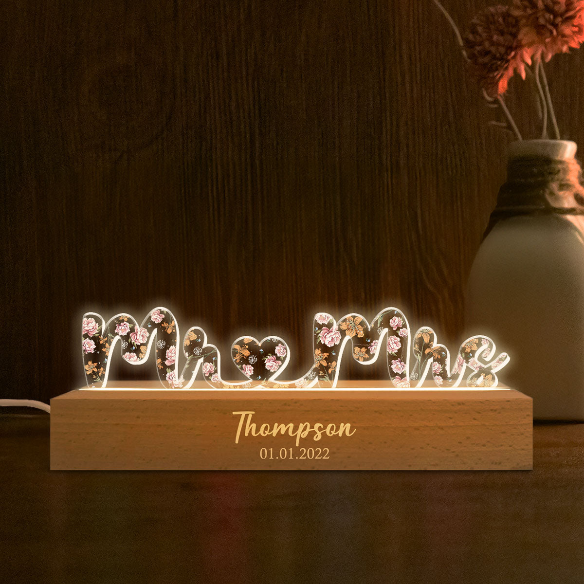 Mr & Mrs Wedding Anniversary  Gift for her & for him, Custom Flower Printed LED Night Light