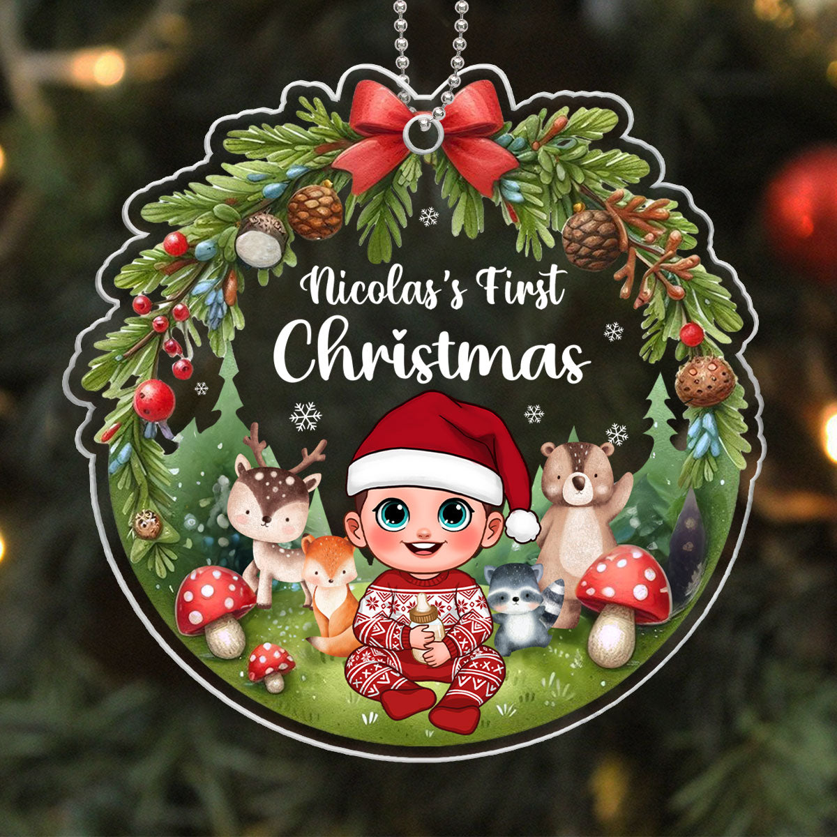 Animated Woodland Animals Baby's First Christmas Personalized Acrylic Ornament