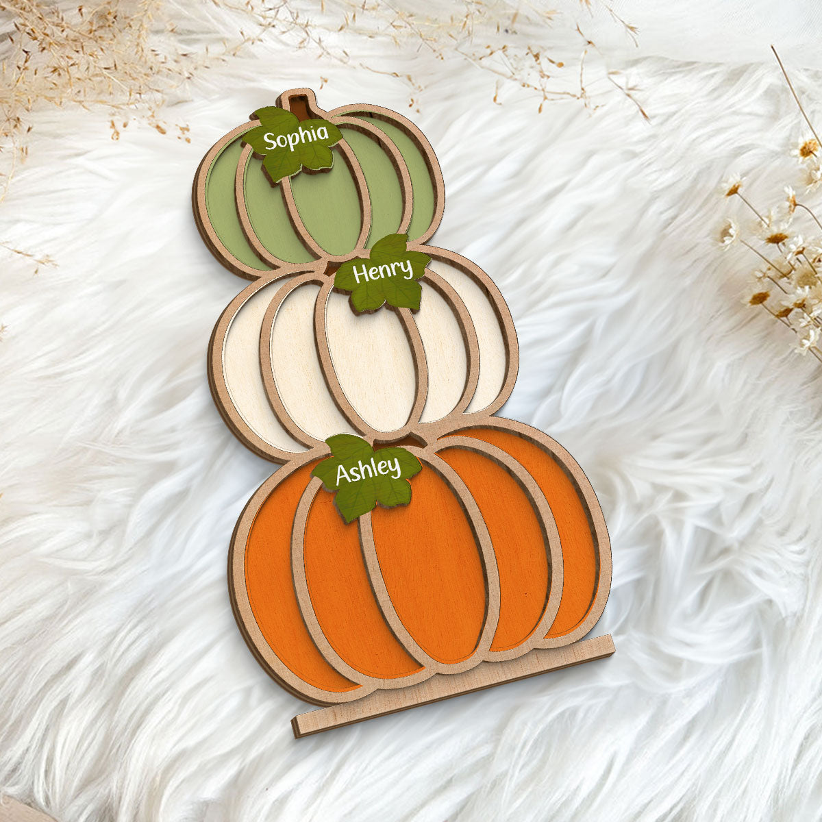 Fall Season Pumpkins Stack With Names Personalized 2-Layer Wooden Standing Plaque