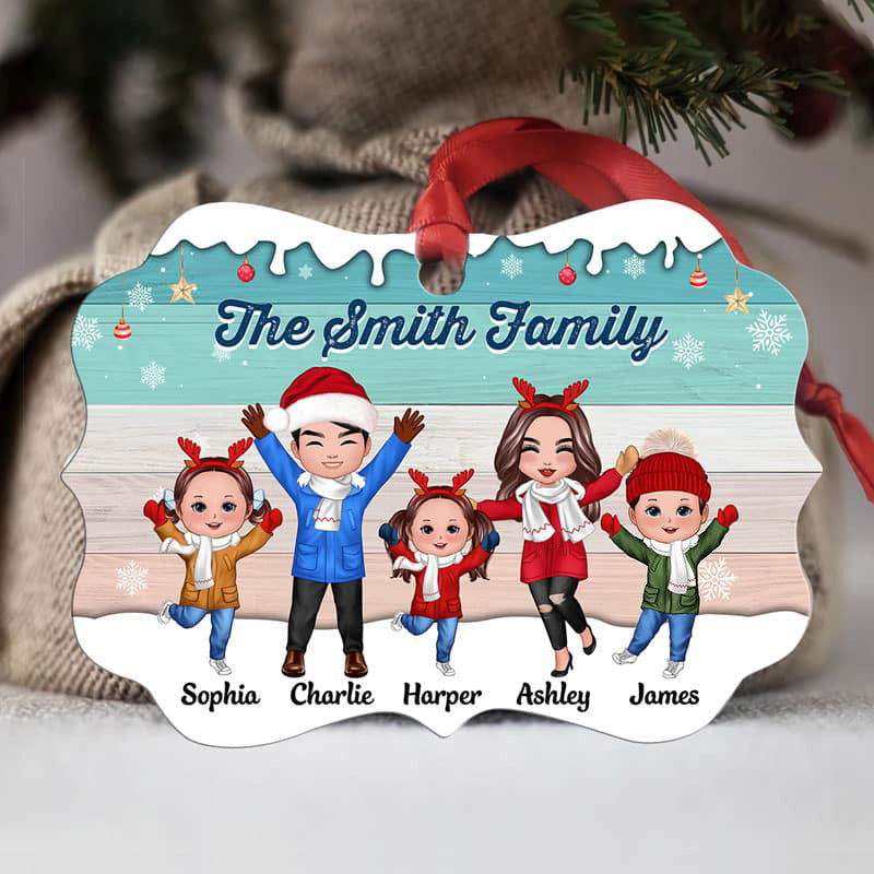 Snow Green Palette Happy Doll Family Dad Mom Kids In Snow Personalized Christmas Ornament