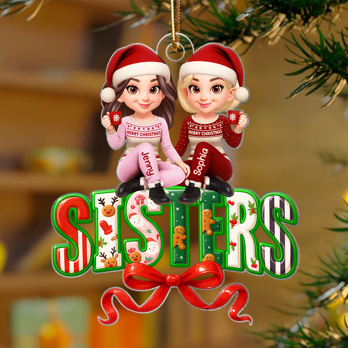 Besties Sisters Sitting on Text Personalized Acrylic Ornament, Christmas Gift for Best Friends, Sisters
