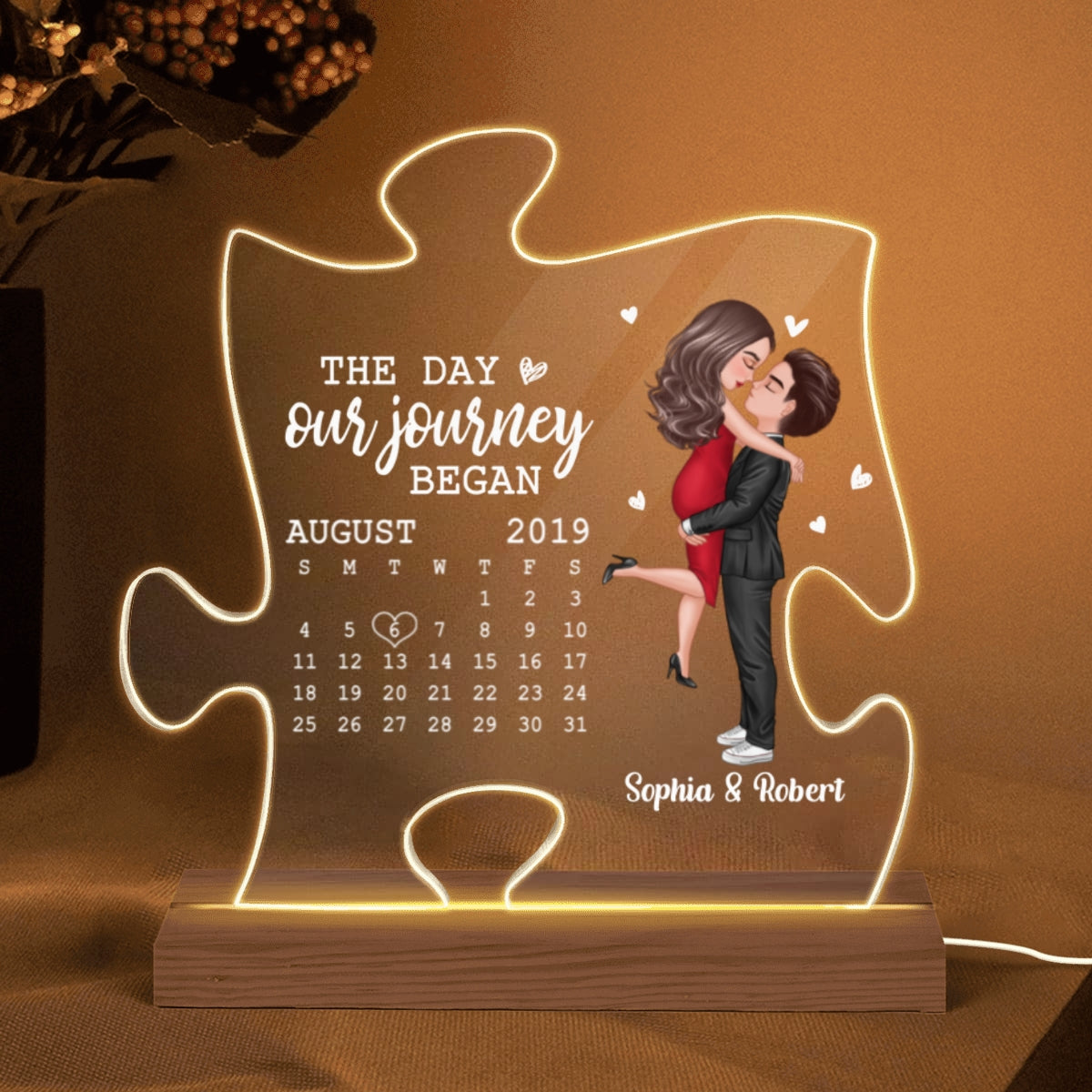 The Missing Piece Couple Kissing Anniversary Date Calendar Personalized Puzzle Shaped Acrylic Plaque With LED Night Light - Anniversary Gift For Couple - Gift For Him, Gift For Her