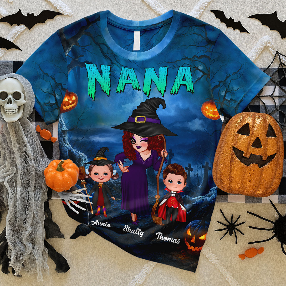 Pretty Grandma Witch & Kids In Halloween Night Personalized Shirt, Halloween Costume for Grandma