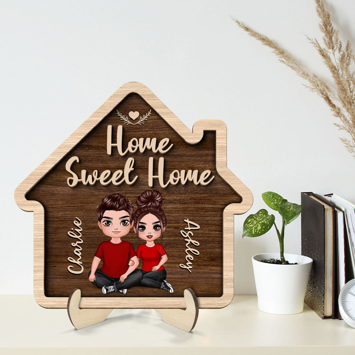Home Sweet Home Couple Sitting House Shaped Personalized 2-layer Wooden Plaque