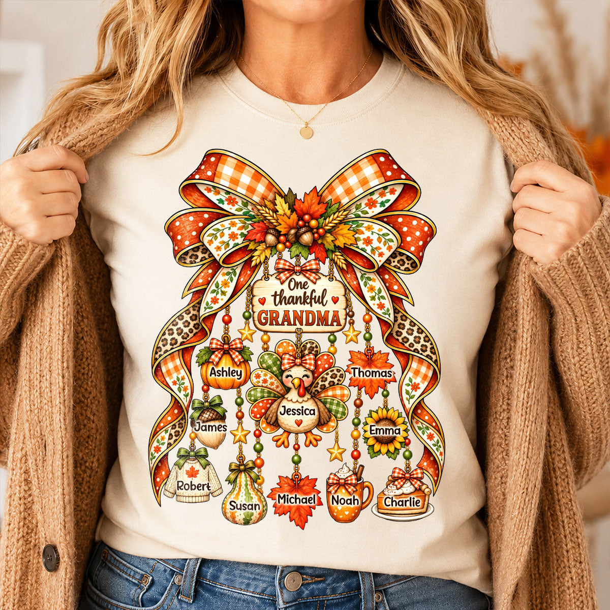 One Thankful Grandma Fall Thanksgiving Charm Bow - Personalized Shirt - Gift for Grandma