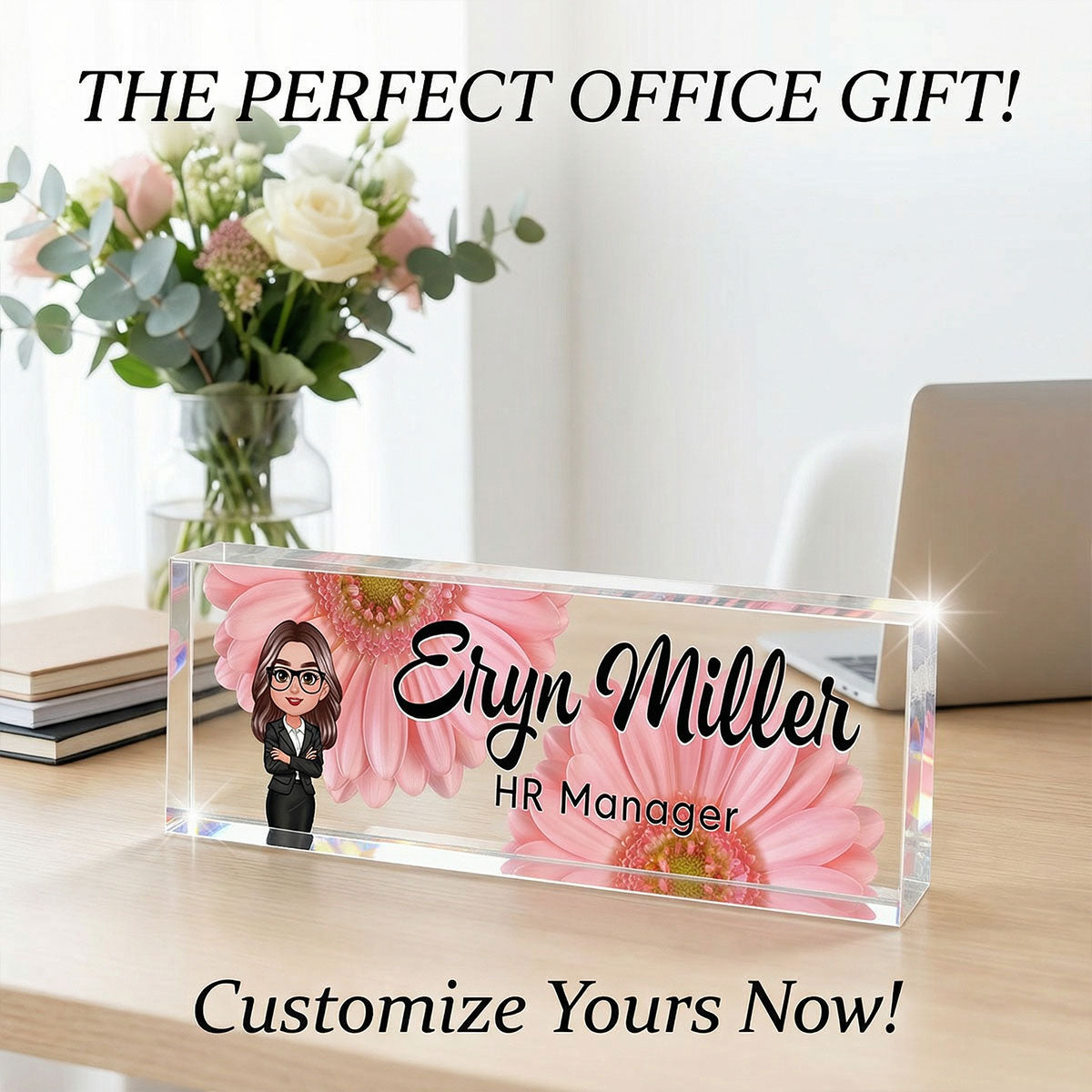 Daisy Flowers Woman Man Office - Personalized Acrylic Desk Name Plate - Gift For Colleagues, Coworkers, Boss