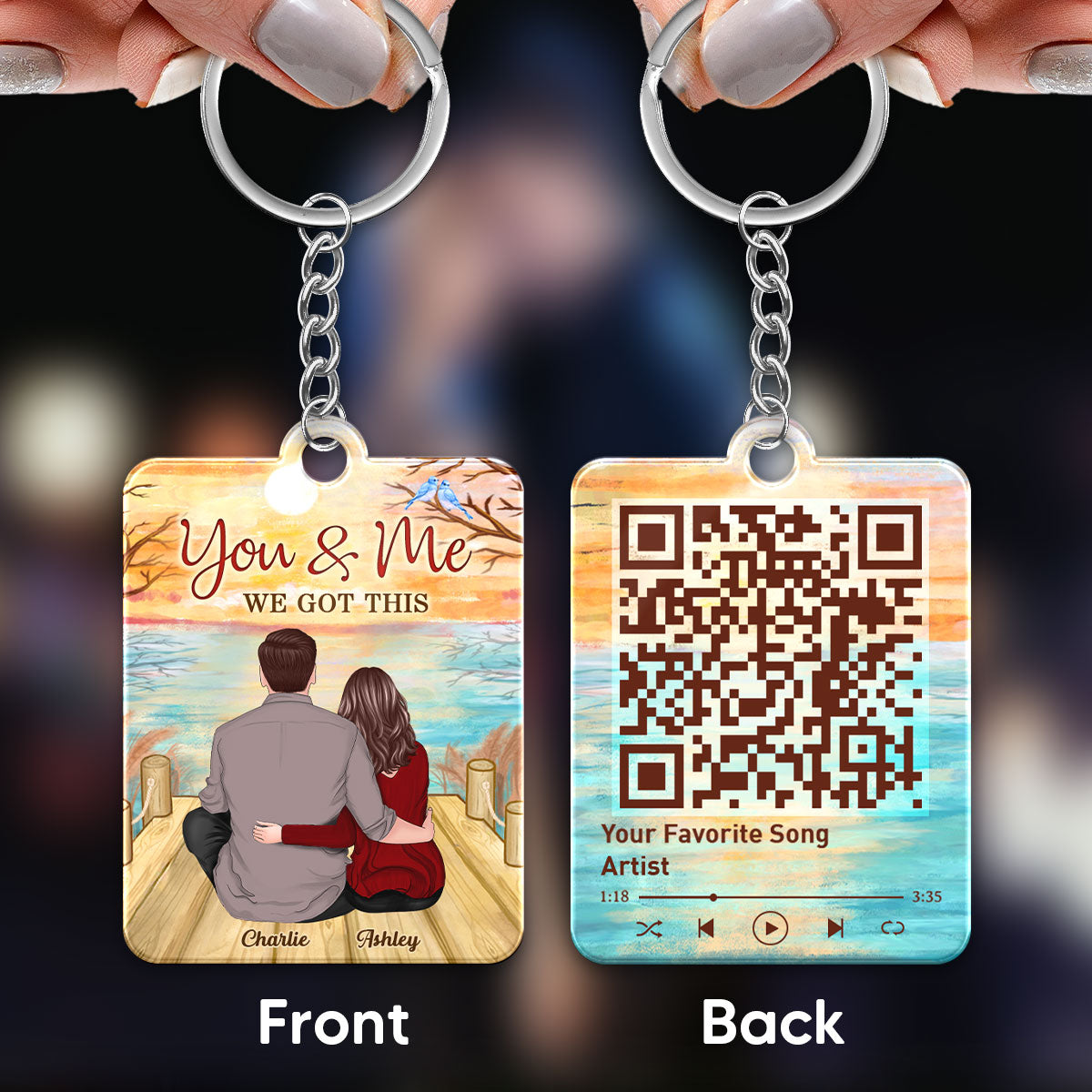 Back View Couple Sitting On Bridge Reflection Lake Favorite Song Scannable QR Code Personalized Acrylic Keychain