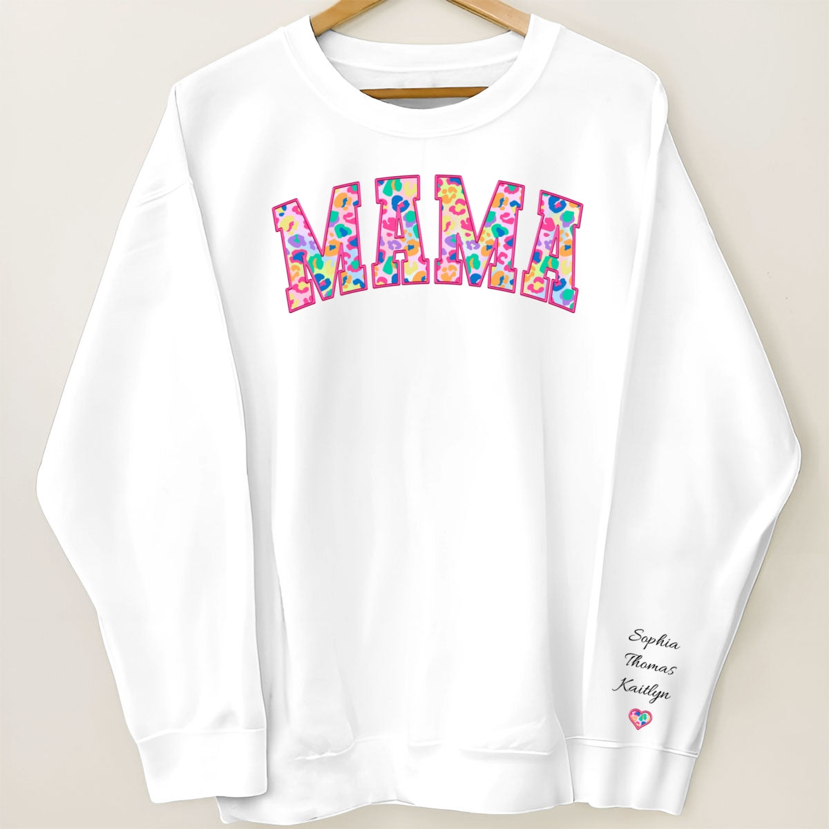Mama Colorful Leopard Kids Names On Sleeve Personalized Sleeve Printed Sweatshirt