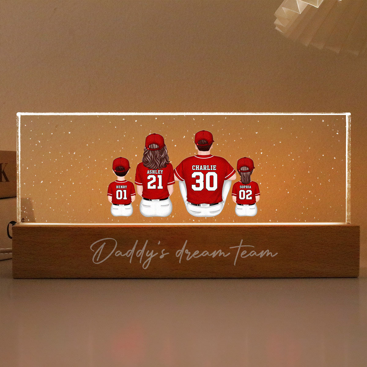 Mommy's Team Baseball Family Sitting Personalized Acrylic Block LED Night Light, Gift For Mom, Grandma, Wife