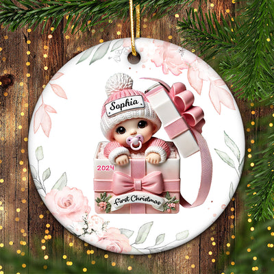 Floral Wreath Baby Inside Gift Box Personalized Ceramic Ornament, Baby First Christmas Keepsake