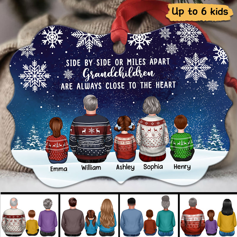 Grandma Grandpa Grandkids Side By Side Snow Background Personalized Christmas Ornament