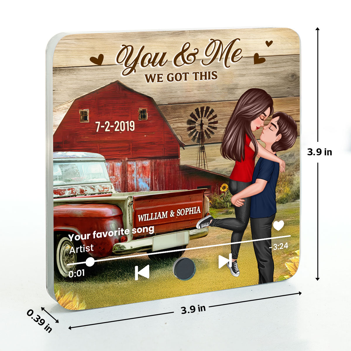 Couple Hugging Kissing Vintage Truck Farmhouse Personalized Music Fridge Magnet, Anniversary  Gift For Him, For Her