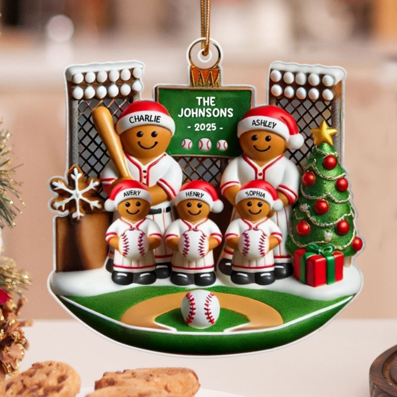 3D Effect Baseball Gingerbread Family On Field Sport Lover - Personalized Acrylic Ornament
