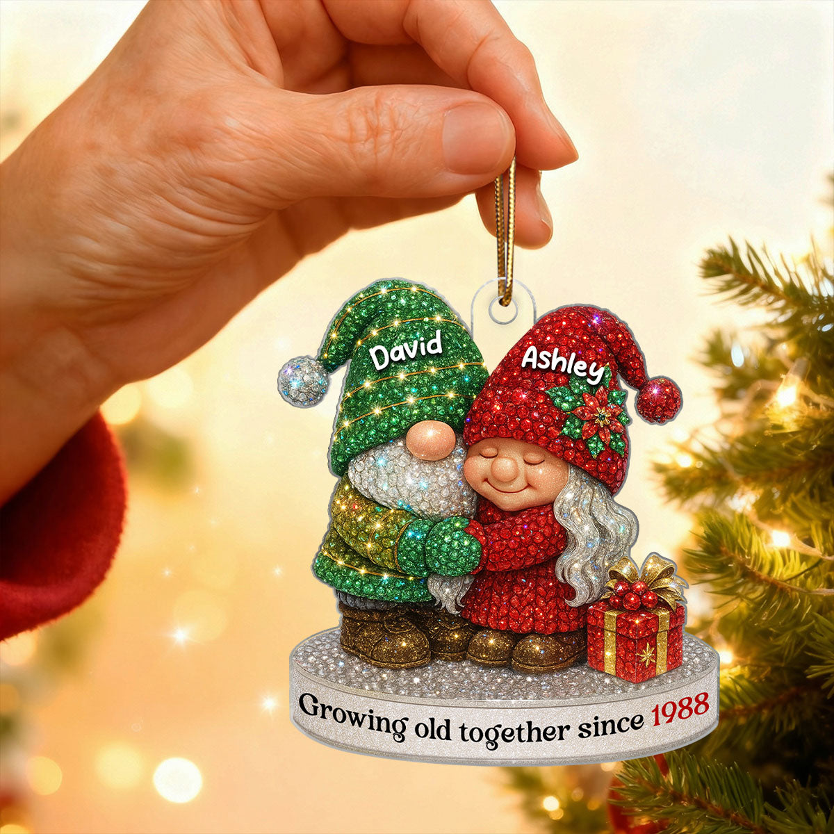 Crystal 3D Effect Gnome Old Couple - Personalized Acrylic Ornament - Christmas Gift for Couple, Husband, Wife