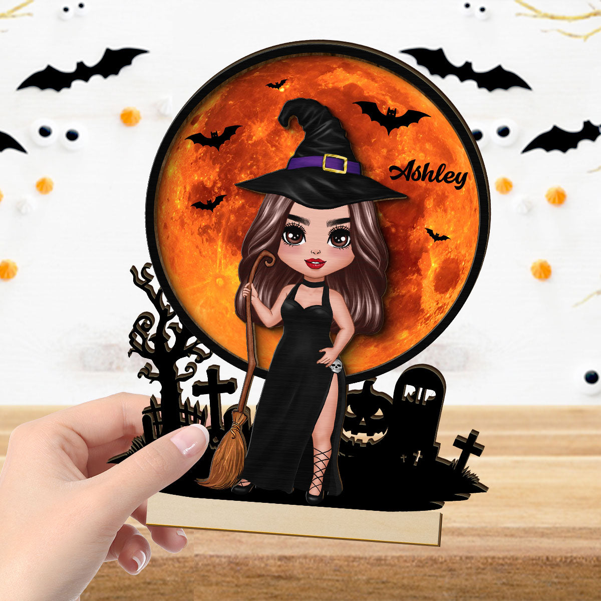 Witch Under Halloween Moon Tabletop Tier Tray Wicca Pagan Decor Personalized 2-Layer Standing Wooden Plaque