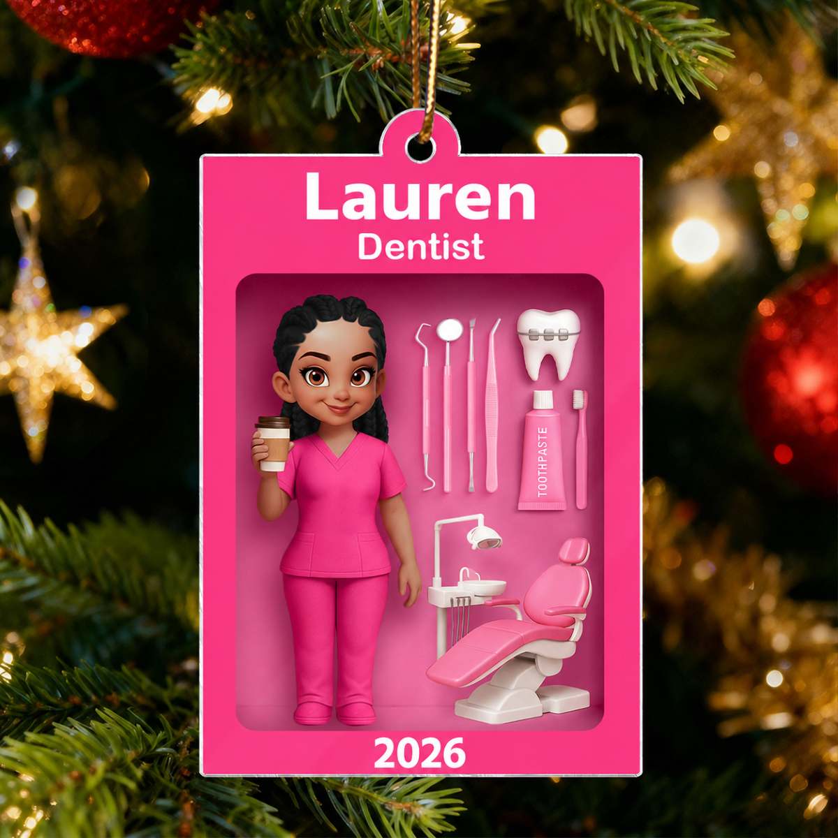 Pink Dentist Action Figure - Personalized Acrylic Ornament - Unique Christmas Gift For Dentist