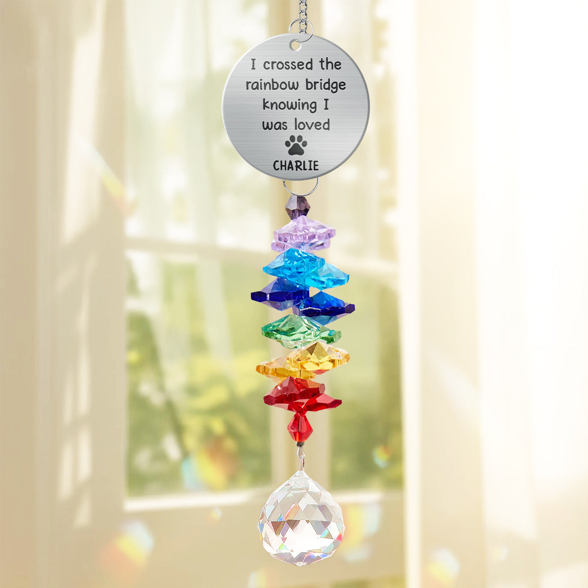 Pet Dog Cat Memorial Crossed The Rainbow Bridge Personalized Crystal Suncatcher With Aluminum Charm