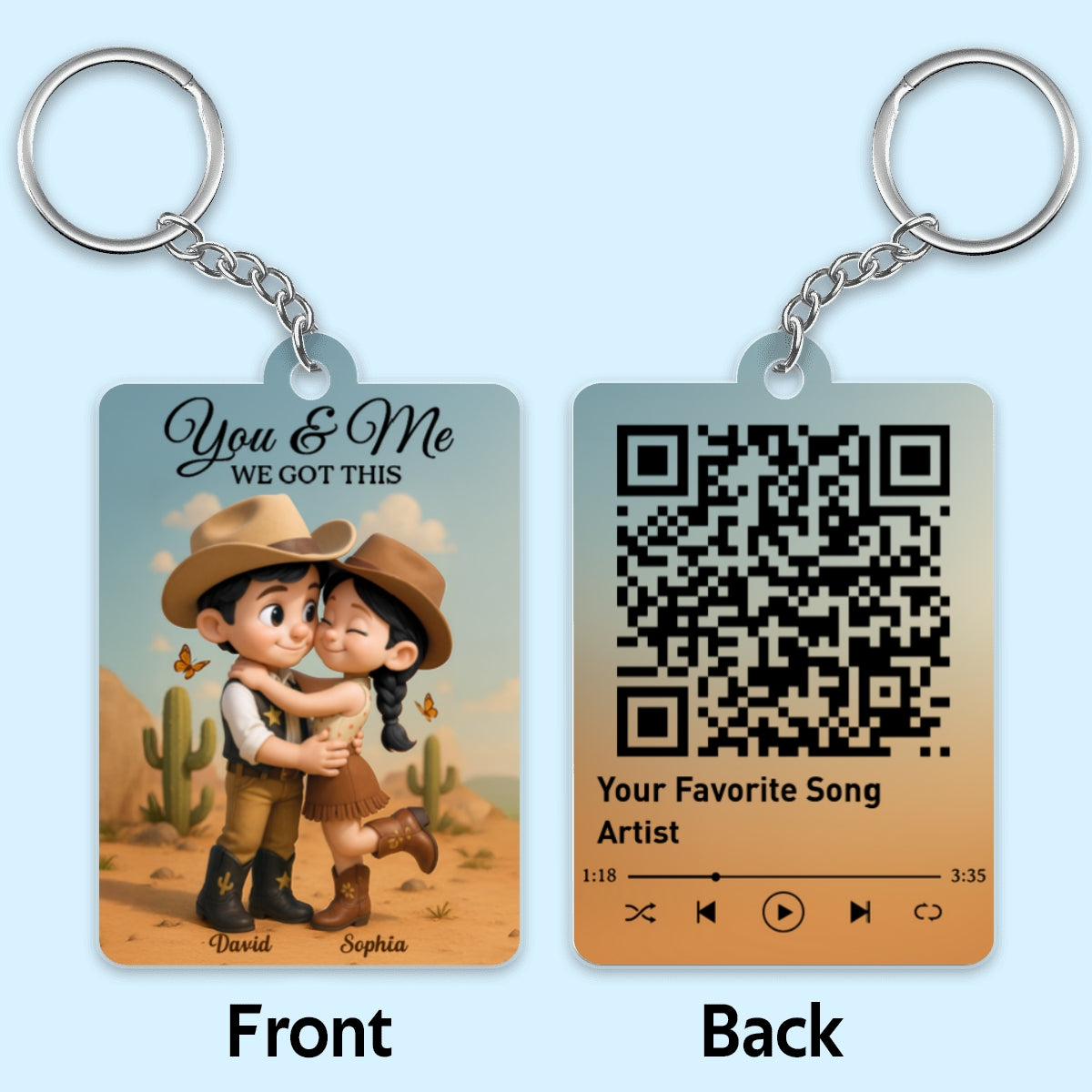 Cartoon Style Countryside Couple Cowboy Cowgirl Favorite Song QR Code Personalized Acrylic Keychain
