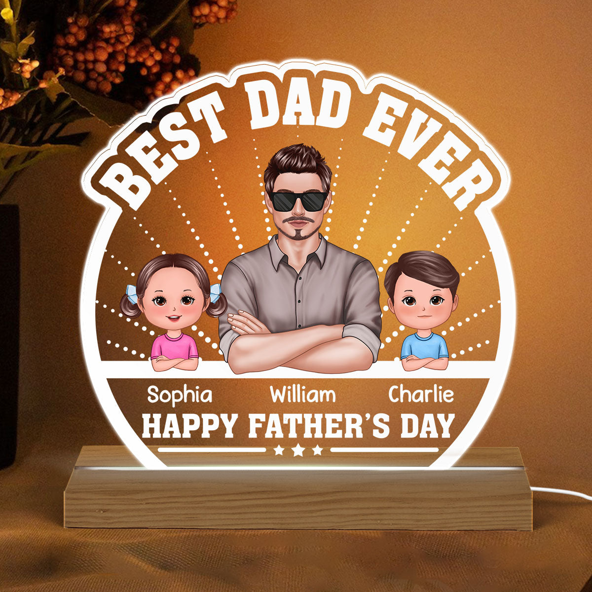 Best Dad Ever Crossed Hands Man Kids Dog Cat Personalized Custom Shaped Acrylic Plaque With Warm LED Night Light