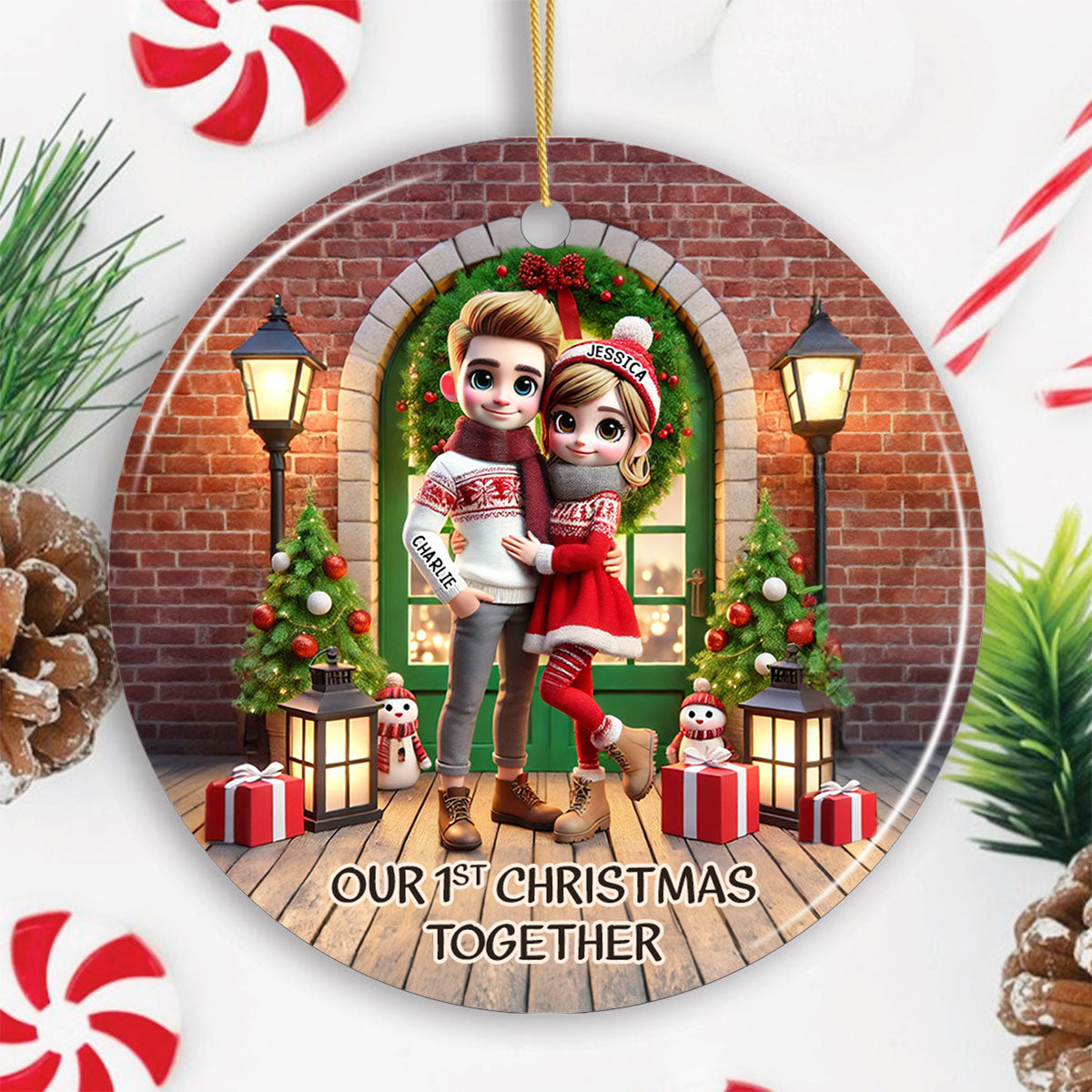 Cute Couple Standing In Front of Door Personalized Ceramic Ornament, Christmas Gift for Him, Gift for Her