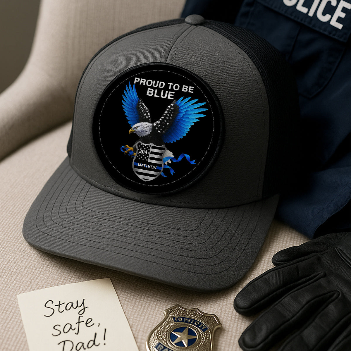 Proud To Be Blue Gift For Police Dad Grandpa Personalized Leather Patch Hat
