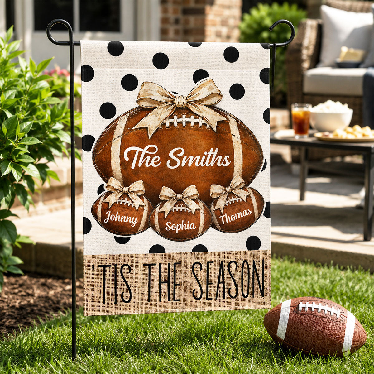 Polkadot Hello Football Season Custom Family Names - Personalized Garden Flag - Football Season Decor For Family