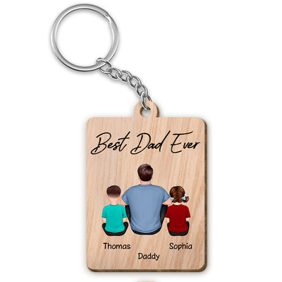 Back View Dad And Kids Dogs Cats Sitting Best Dad Ever Personalized Wooden Keychain