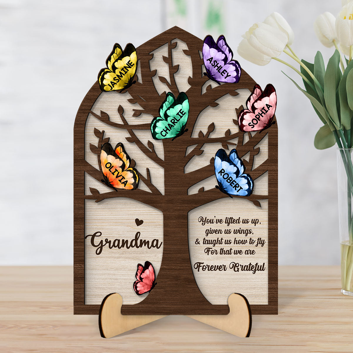 Grandma Mom Tree Butterflies Personalized 2-layer Wooden Plaque
