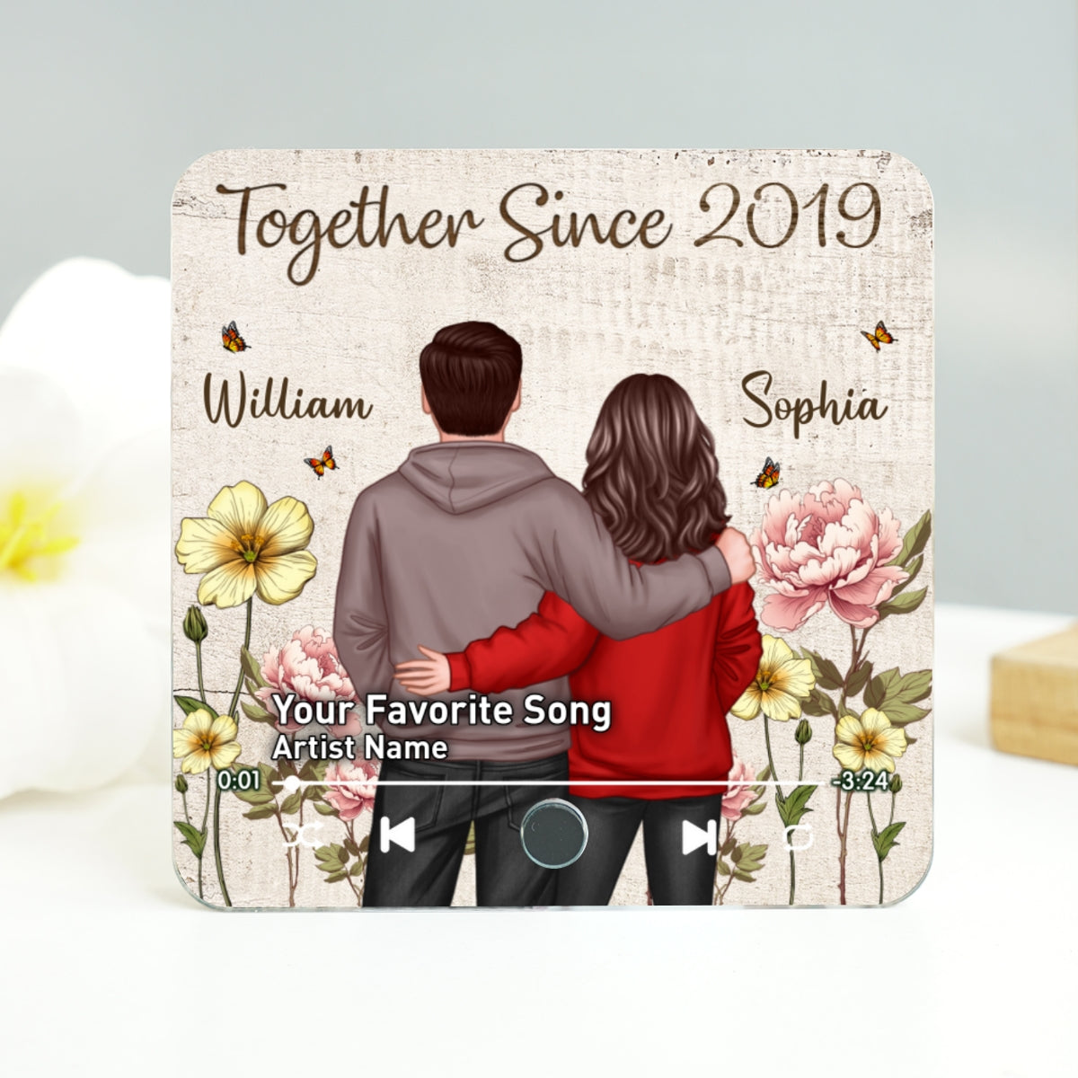 Couple Birth Month Flower Favorite Song Personalized Music Fridge Magnet, Heartfelt Gift For Couple, For Him, For Her, Boyfriend, Girlfriend, Husband, Wife