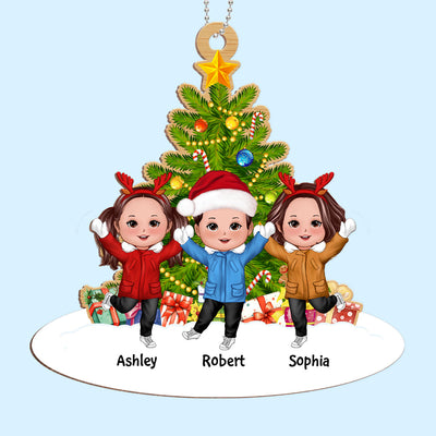 Merry Christmas Our Grandkids Happy Doll Kids In Snow Under Tree Personalized Wooden Ornament
